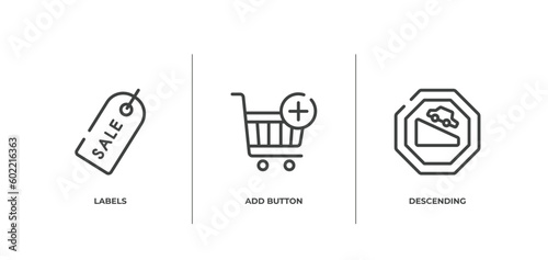 traffic signs outline icons set. thin line icons sheet included labels, add button, descending vector.