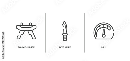 racing outline icons set. thin line icons sheet included pommel horse, dive knife, mph vector.