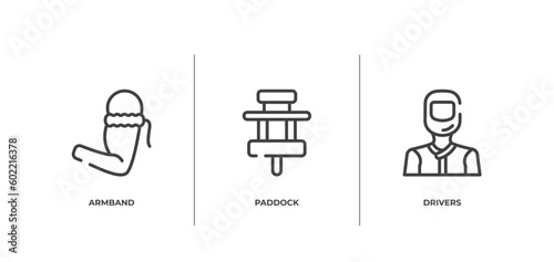 racing outline icons set. thin line icons sheet included armband, paddock, drivers vector.