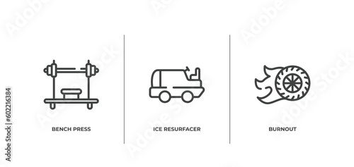 racing outline icons set. thin line icons sheet included bench press, ice resurfacer, burnout vector.