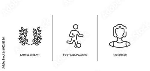 sport avatars outline icons set. thin line icons sheet included laurel wreath, football players, kickboxer vector.