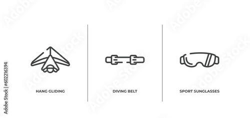 adventure sports outline icons set. thin line icons sheet included hang gliding, diving belt, sport sunglasses vector.