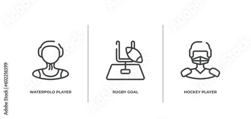 sport avatars outline icons set. thin line icons sheet included waterpolo player, rugby goal, hockey player vector.