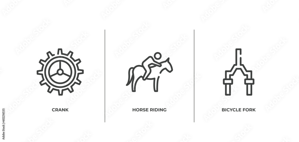 bicycle racing outline icons set. thin line icons sheet included crank, horse riding, bicycle fork vector.
