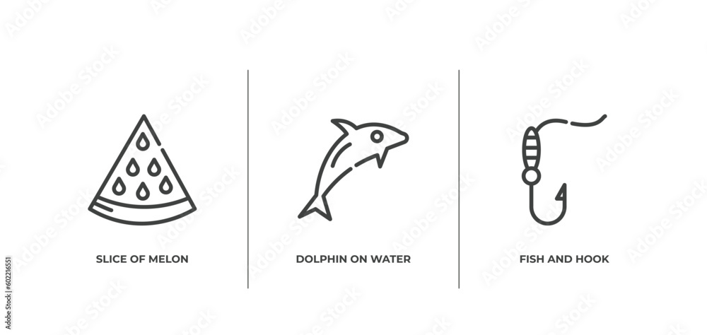summer outline icons set. thin line icons sheet included slice of melon, dolphin on water waves, fish and hook vector. summer outline icons set. thin line icons sheet included slice of melon, dolphin on water waves, fish and hook vector.