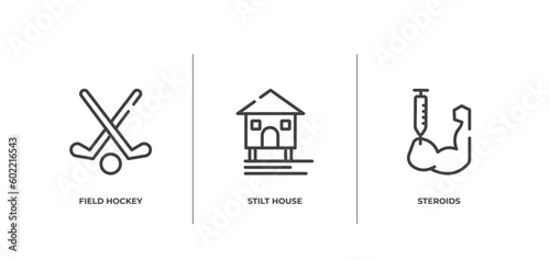 sports outline icons set. thin line icons sheet included field hockey, stilt house, steroids vector.