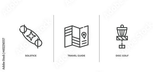 summer outline icons set. thin line icons sheet included solstice, travel guide, disc golf vector.
