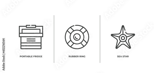 summer outline icons set. thin line icons sheet included portable fridge, rubber ring, sea star vector.