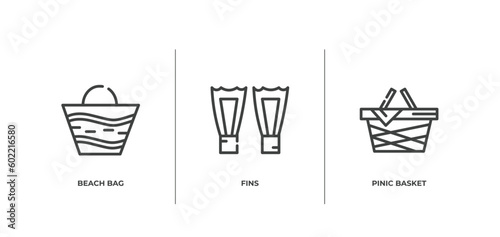 summer outline icons set. thin line icons sheet included beach bag, fins, pinic basket vector.