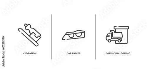 transporters outline icons set. thin line icons sheet included hydration, car lights, loading/unloading area vector.