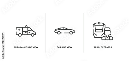 public transportation outline icons set. thin line icons sheet included ambulance side view, car side view, train operator vector.