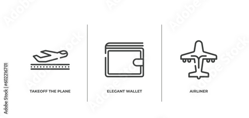 in the airport outline icons set. thin line icons sheet included takeoff the plane, elegant wallet, airliner vector.