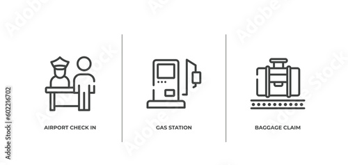 airport and travel outline icons set. thin line icons sheet included airport check in, gas station, baggage claim vector.