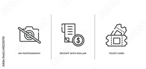 in the frontier outline icons set. thin line icons sheet included no photography, receipt with dollar, ticket card vector.