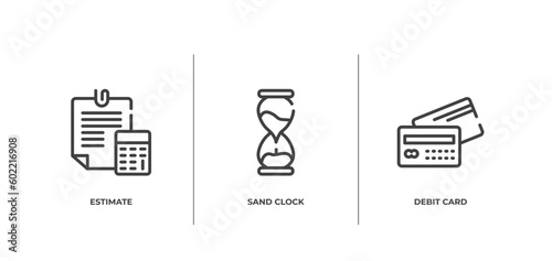 payment outline icons set. thin line icons sheet included estimate, sand clock, debit card vector.