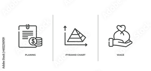 business management outline icons set. thin line icons sheet included planing, pyramid chart, wage vector.