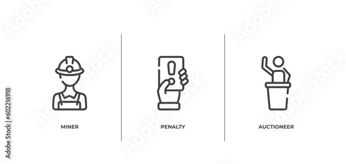 auction outline icons set. thin line icons sheet included miner, penalty, auctioneer vector.