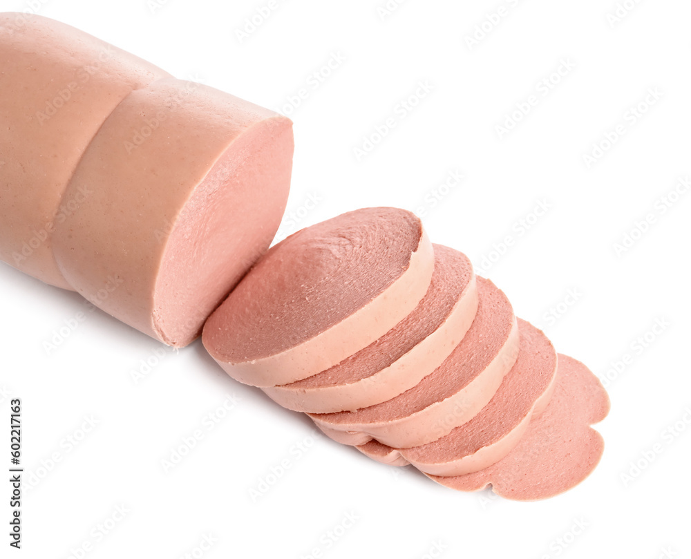Tasty sliced boiled sausage on white background, closeup Tasty sliced boiled sausage on white background, closeup