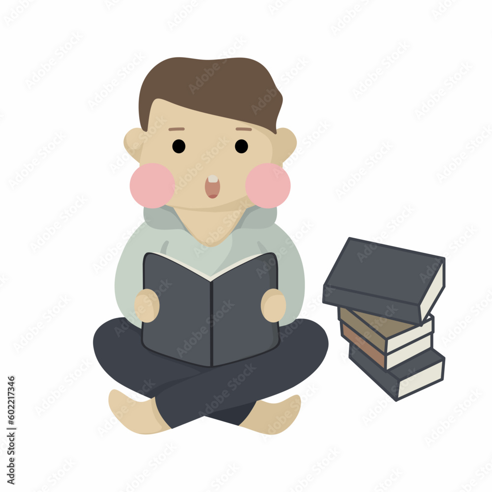 Illustration of a male cartoon character reading a book