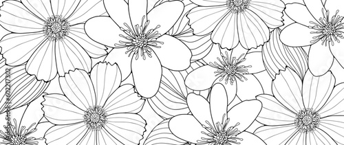 Black and white floral background with flowers and leaves. Background for coloring books, covers, wallpapers, postcards and presentations
