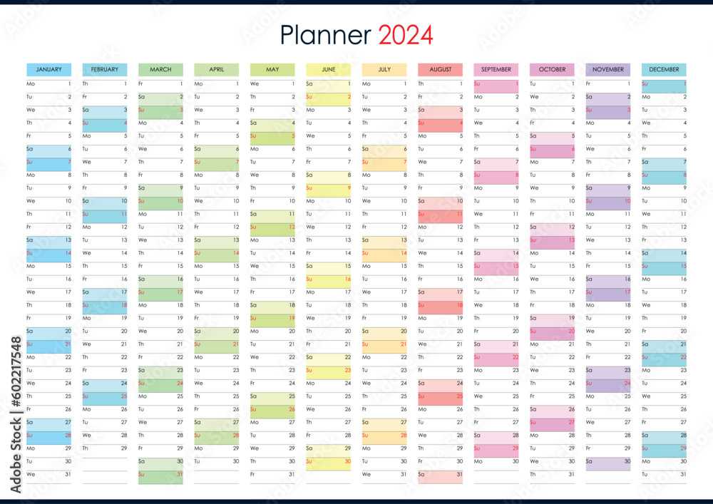 Planner calendar for 2024 year, annual wall printable organizer