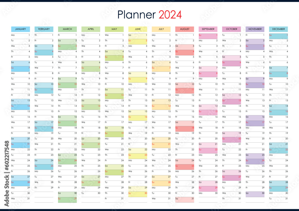 Planner calendar for 2024. Wall organizer, yearly template. One page. Set  of 12 months. English Stock Vector