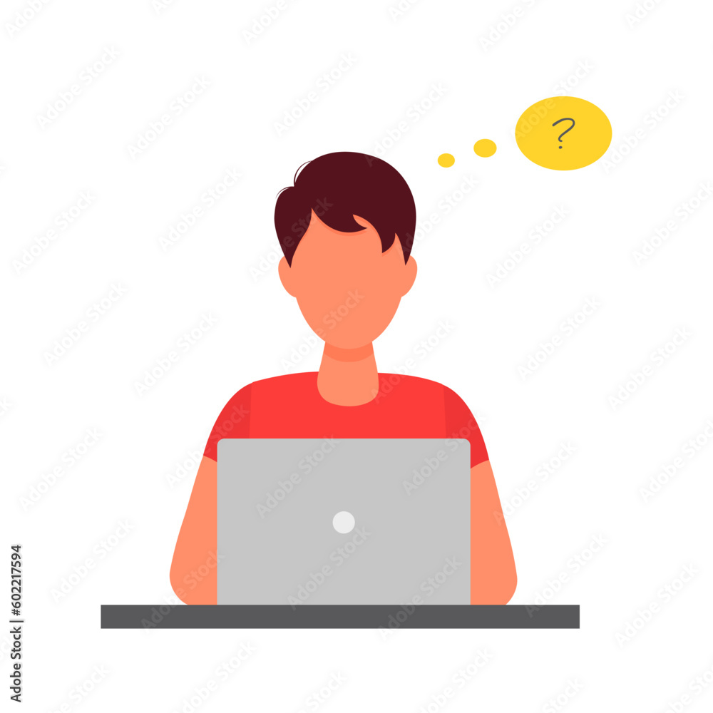 Confused man sitting with laptop and question marks. Vector illustration in flat style. Isolated on white background. Confused man sitting with laptop and question marks. Vector illustration in flat style. Isolated on white background.