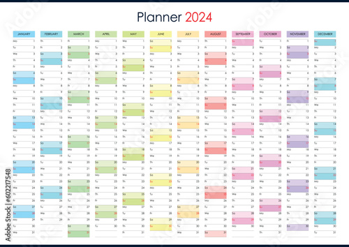 Planner calendar for 2024. Wall organizer, yearly template. One page. Set of 12 months. English