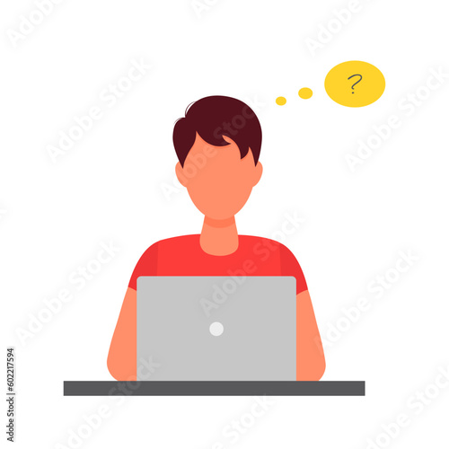 Confused man sitting with laptop and question marks. Vector illustration in flat style. Isolated on white background.