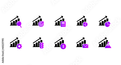 Vector set of Barchart Icons for Data Visualization and Analysis, marketing growth in black and blue color in flat style on transparent background.
