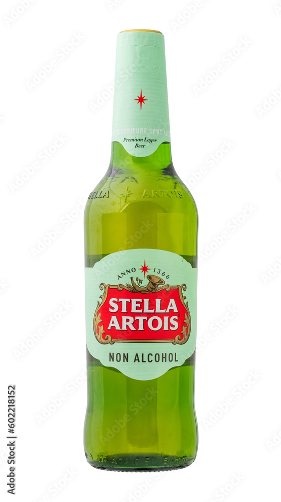 bottle of Stella Artois beer NON ALCOHOl on a transparent background