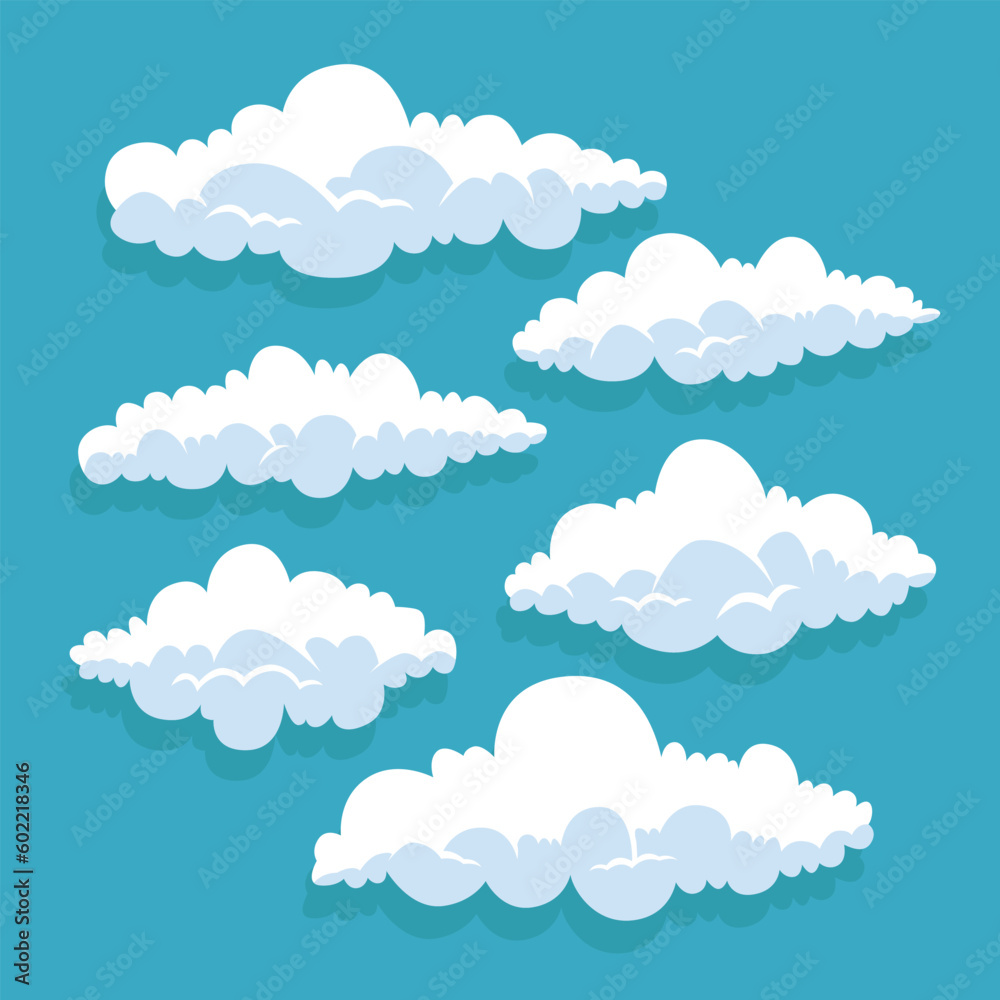 Cartoon clouds in blue sky. cloudscape on background.