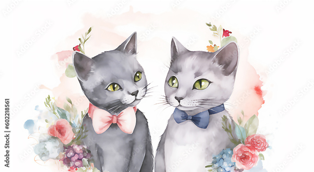 Wedding cat couple with flower. Cute cats married. Bride cats watercolor illustration on white background. Wedding couple concept.  Post processed AI generated image