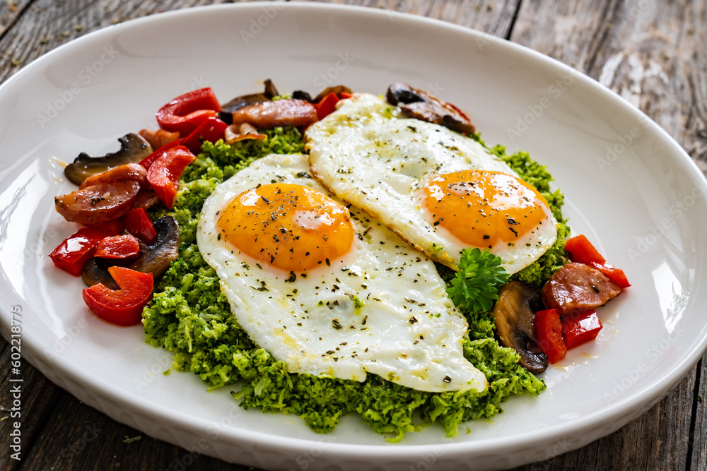 Breakfast - sunny side up eggs, grated broccoli, stir fried vegetables and sliced sausages served on wooden table
Breakfast - sunny side up eggs, grated broccoli, stir fried vegetables and sliced sausages served on wooden table