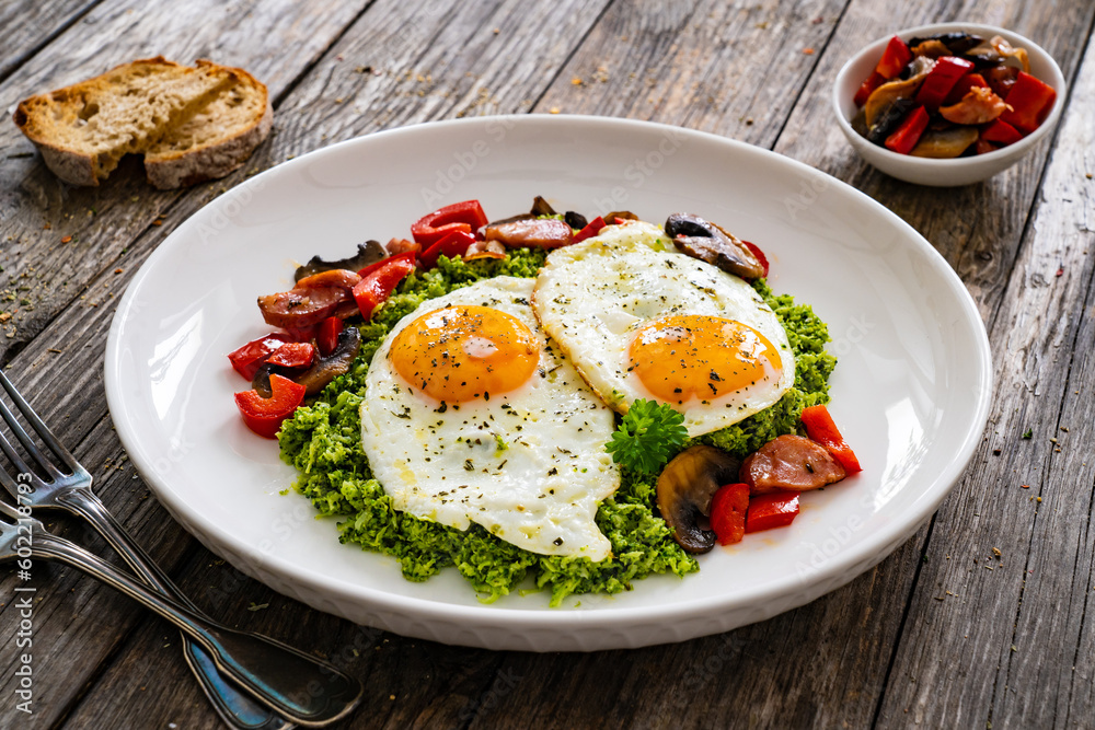 Breakfast - sunny side up eggs, grated broccoli, stir fried vegetables and sliced sausages served on wooden table
Breakfast - sunny side up eggs, grated broccoli, stir fried vegetables and sliced sausages served on wooden table