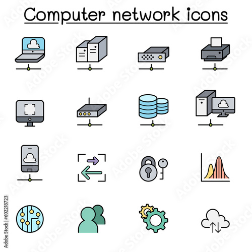 Computer Network and Cloud computing color line icon set