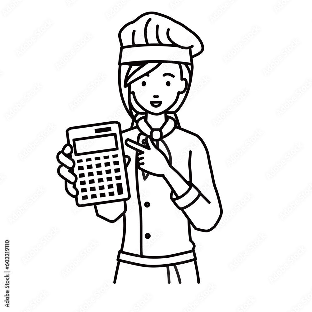 立って電卓を指差してこちらに向けて見せている調理師の女性