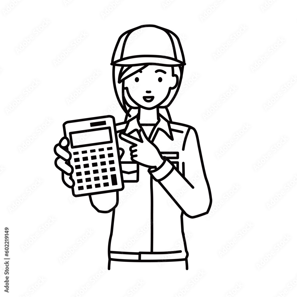 立って電卓を指差してこちらに向けて見せている作業員の女性 立って電卓を指差してこちらに向けて見せている作業員の女性