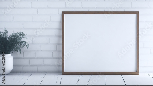 Blank picture frame mockup on white wall in rustic interior. © Michael