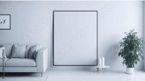 Blank canvas frame mockup on gray wall. 