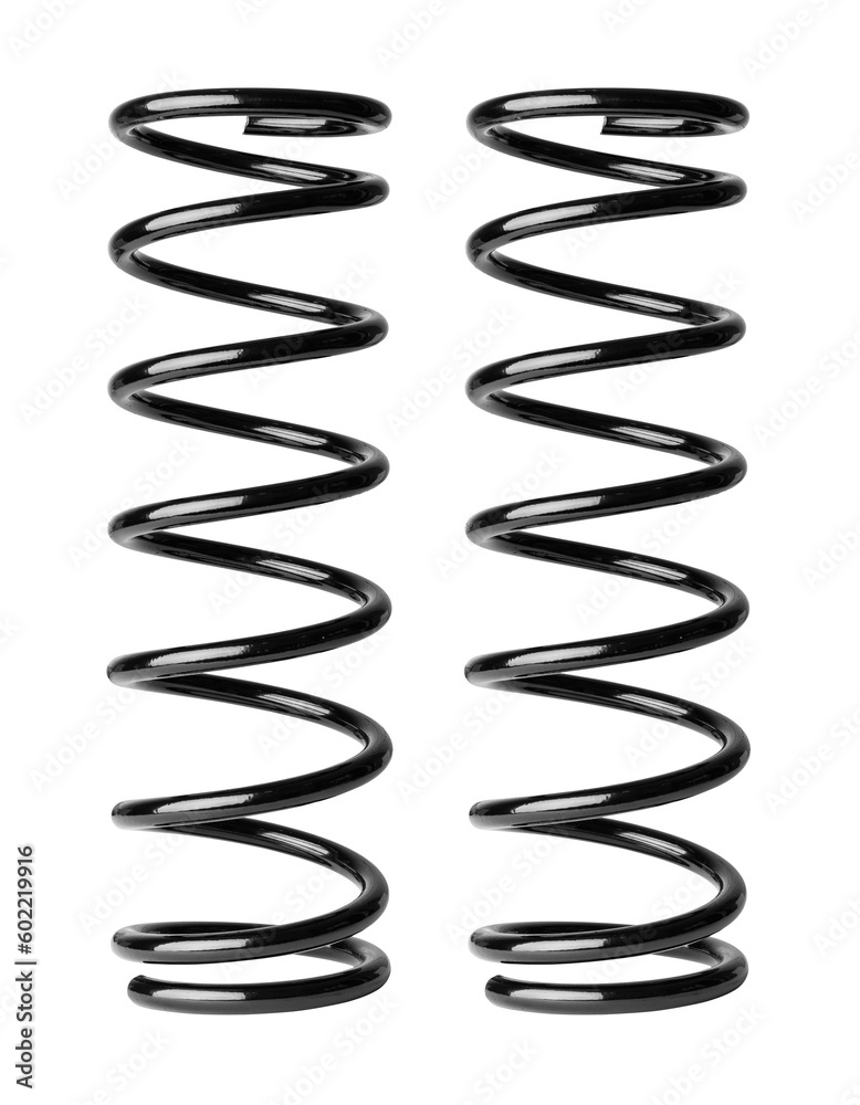 Two steel springs of a car shock absorber on a transparent background. Car parts concept. Isolated object - obrazy, fototapety, plakaty 