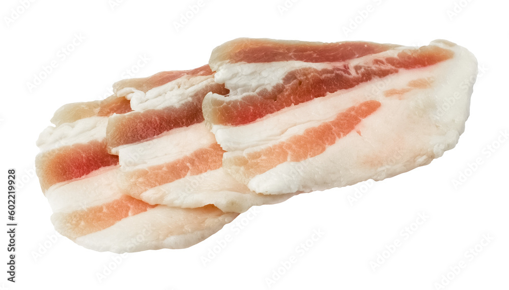 Pork fat with layers of meat on a transparent background. Sliced bacon. Isolated object