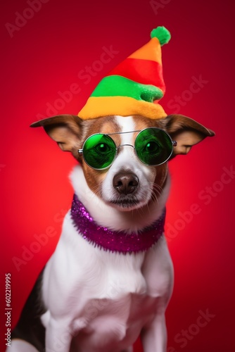 fairy funny dog using rainbow hat and sunglasses generated ai © Rizzz