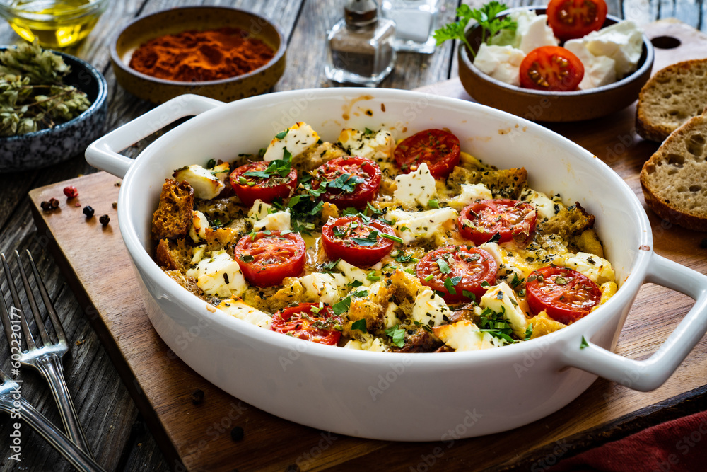 Bread casserole with feta cheese, tomatoes and eggs on wooden table
