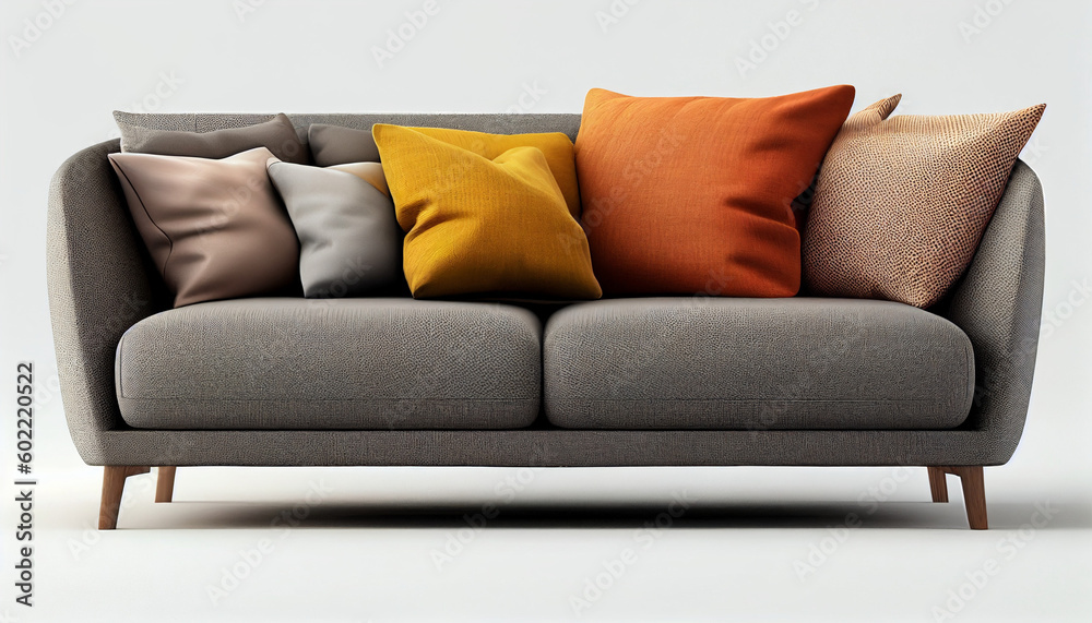 Fototapeta premium Simple, gray sofa with yellow and orange pillow cover. Generative AI 