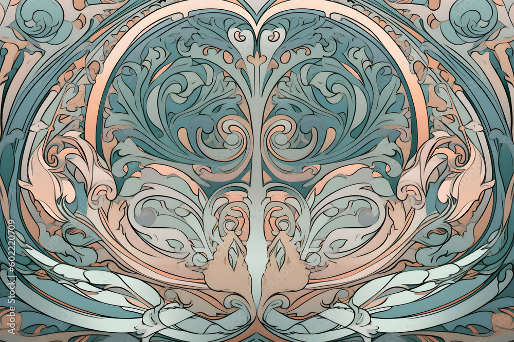 art nouveau floral reflected pastel background, Generative AI