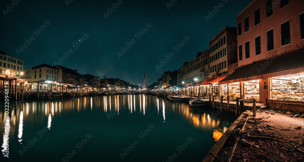 City Port Sea Canal on the City's Harbor at Night. Panorama of Town's Marina and Boats. Light Reflections. Coastal Ocean. (generative ai) City Port Sea Canal on the City's Harbor at Night. Panorama of Town's Marina and Boats. Light Reflections. Coastal Ocean. (generative ai)