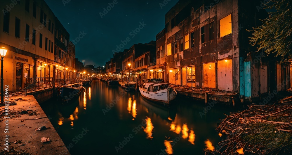 City Port Sea Canal on the City's Harbor at Night. Docked Boats at the Pier. Warm Lighting Fixtures. (generative ai)