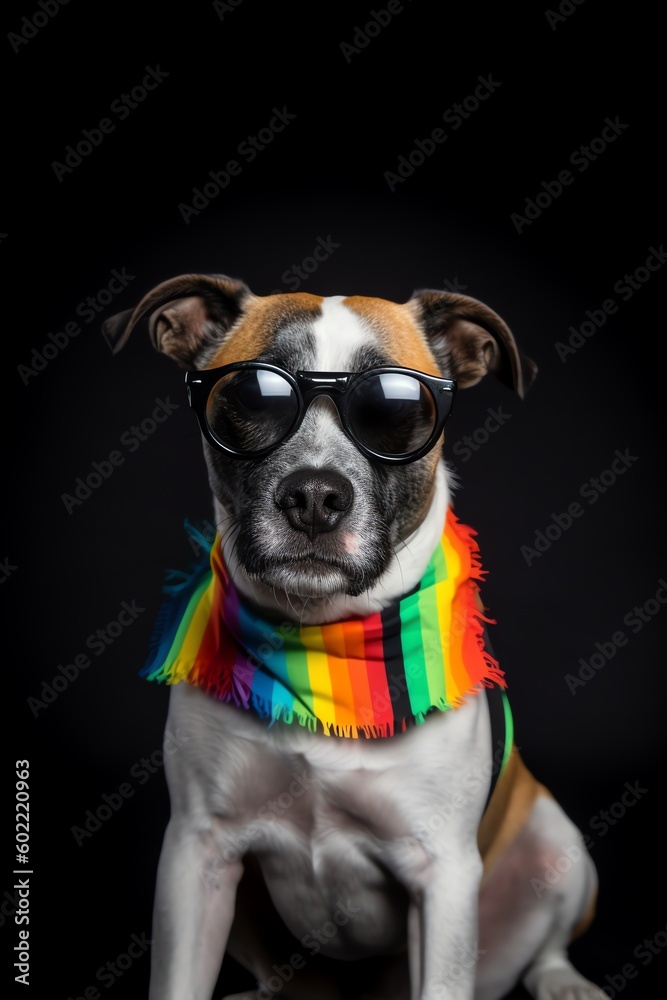fairy funny gay french bulldog dog proud of human rights waving with lgbt rainbow flag and sunglasses , isolated