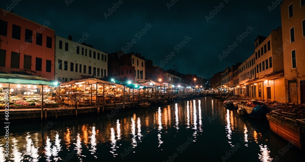 City Port Sea Canal on the City's Harbor at Night. Old Buildings and Marina Market Stalls on the Ocean Water. (generative ai)